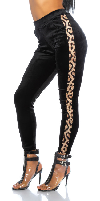 Trendy fleecy broek met luipaard contrast streep zwart